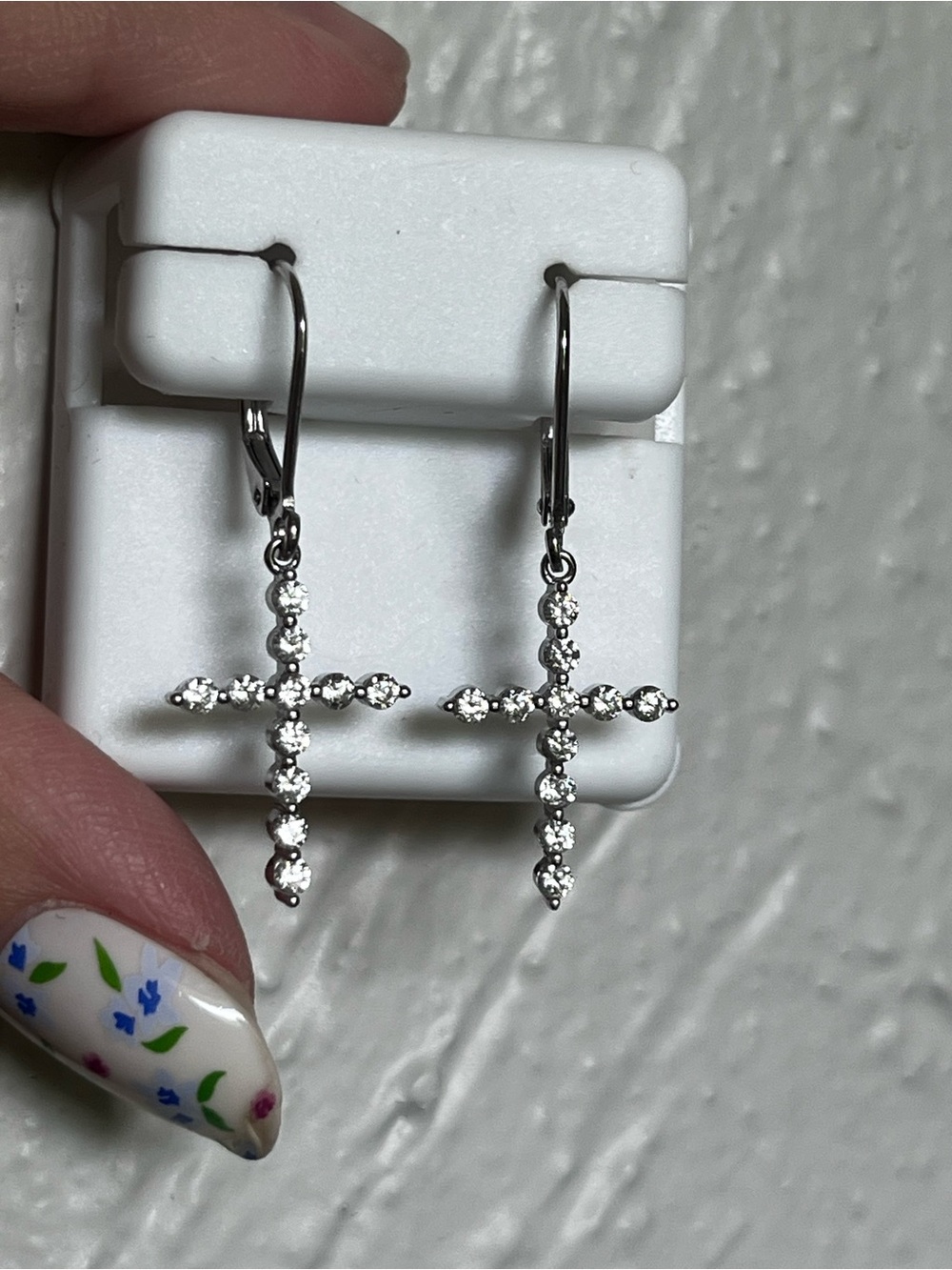 Sterling Silver Cross Drop Earrings with Clear Stones - Women Jewelry